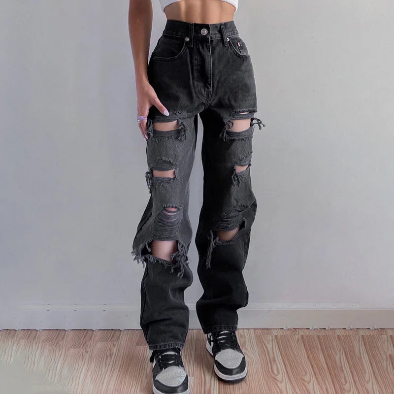 Brown Ripped Vintage Woman's Distressed Jeans Streetwear Hole Hip Hop High Waist Pants Fashion Straight Denim Trousers Ladies