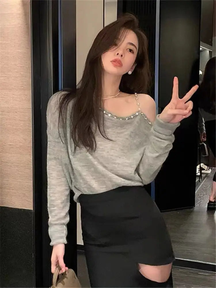 Sweater Mujer Sexy Off Shoulder Knitted Long Sleeve Pullover Femme Autumn Vintage Chandails White Black Top Women Thin Sweater