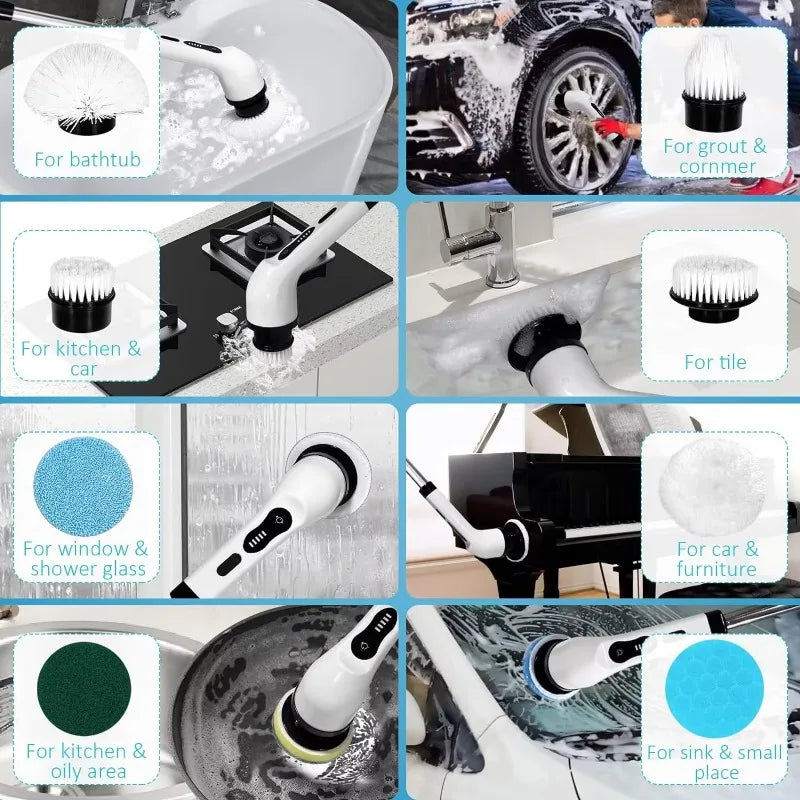 Electric Rotary Scrubber Cleaning Brush with 9-in-1 Turntable for Cleaning Bathroom Kitchen Floor Cart