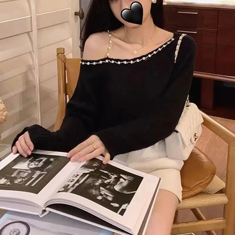 Sweater Mujer Sexy Off Shoulder Knitted Long Sleeve Pullover Femme Autumn Vintage Chandails White Black Top Women Thin Sweater