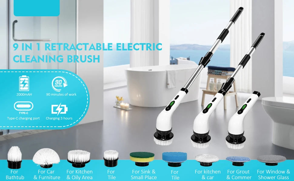 Electric Rotary Scrubber Cleaning Brush with 9-in-1 Turntable for Cleaning Bathroom Kitchen Floor Cart