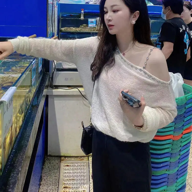 Sweater Mujer Sexy Off Shoulder Knitted Long Sleeve Pullover Femme Autumn Vintage Chandails White Black Top Women Thin Sweater