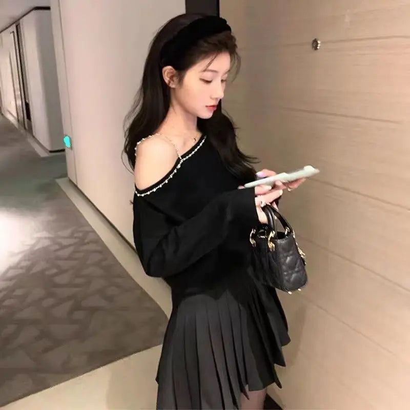 Sweater Mujer Sexy Off Shoulder Knitted Long Sleeve Pullover Femme Autumn Vintage Chandails White Black Top Women Thin Sweater