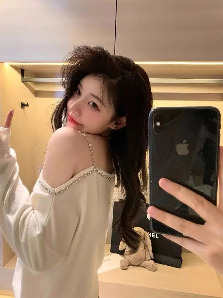 Sweater Mujer Sexy Off Shoulder Knitted Long Sleeve Pullover Femme Autumn Vintage Chandails White Black Top Women Thin Sweater